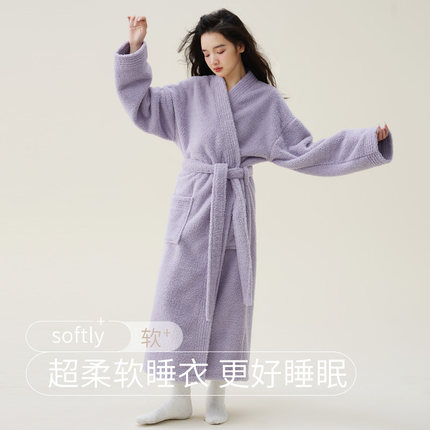 新款睡袍女秋冬季珊瑚绒男士浴袍情侣睡衣套装加长款浴衣加厚冬天
