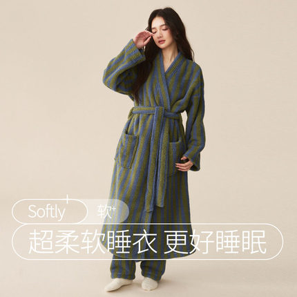 睡袍女秋冬季珊瑚绒男士浴袍情侣睡衣新款条纹长款浴衣加厚冬天晨