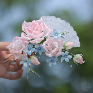 玫瑰折扇 热缩花簪u型汉服发钗古风扇簪发簪钗子国风盘发步摇粉蓝