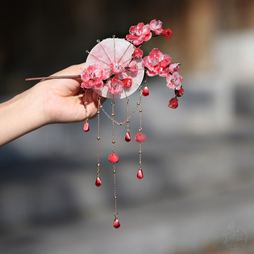 红梅与伞 热缩花簪梅花伞簪新中式古风发簪盘发汉服发饰旗袍头饰