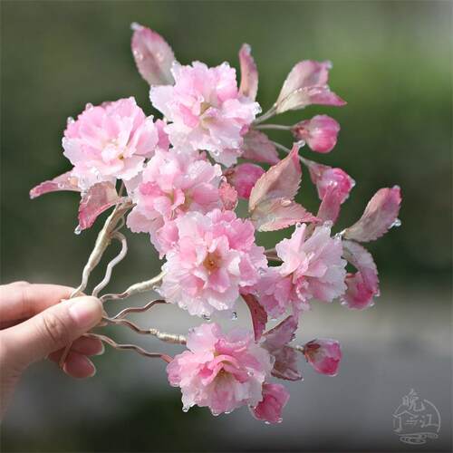 松月樱花 热缩花簪u型发簪新中式步摇发钗簪子古风汉服发饰国风女