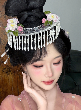 带露帷帽 热缩花发冠古风新中式粉白斗笠亚克力流苏汉服步摇头饰