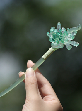 青玉案 热缩花簪古风汉服盘发步摇仿玉发簪国风旗袍簪子日常发钗