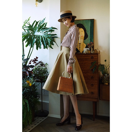 高腰拼接大摆赫本伞裙太阳裙半裙