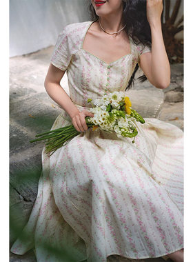 Chings法式复古方领碎花撞色连衣裙 绑带收腰赫本风大摆A字裙伞裙