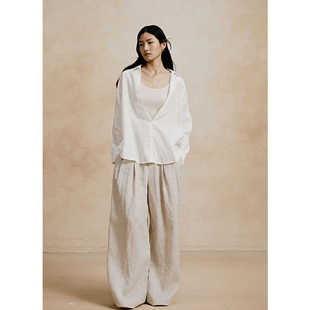 Moza 高腰亚麻竹节阔腿裤 显瘦直筒裤 薄裤 Cyan 拖地裤 子 清仓