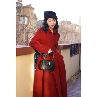 Chings赫本风优雅收腰显瘦A字长款 羊毛双面呢大衣冬 外套大摆保暖
