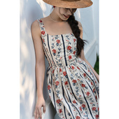 绑带高腰印花郁金香花苞裙 复古青花瓷花瓶方领棉连衣裙 Ching