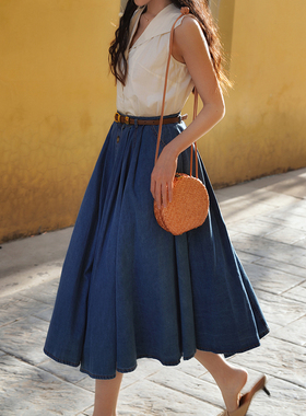 Ching's 复古牛仔裙半身裙女 设计感小众高腰太阳裙长裙a字裙裙子