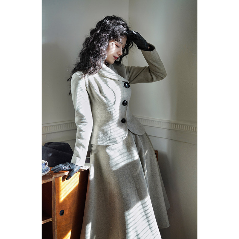 Chings复古收腰立裁呢子套裙冬 高腰A字大摆裙赫本风伞裙毛呢套装