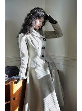 Chings复古收腰立裁呢子套裙冬 高腰A字大摆裙赫本风伞裙毛呢套装