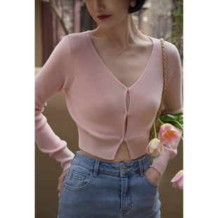 针织短空调衫 Ching 纯色遮肉长袖 复古百搭开衫 薄春 s收腰显瘦法式