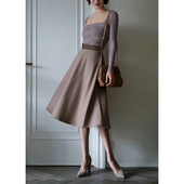 Ching s复古驼色免烫高腰毛呢伞裙撞色大摆a字中长款 半身裙秋女