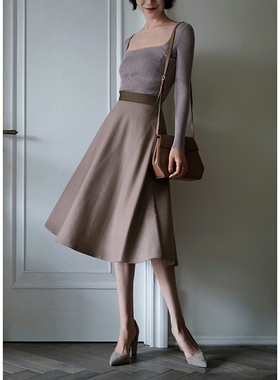 Ching's复古驼色免烫高腰毛呢伞裙撞色大摆a字中长款半身裙秋女