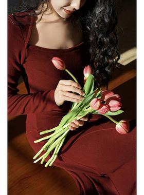 Chings法式复古针织大方领连衣裙 立裁拼接收腰显瘦磨毛A字长裙秋