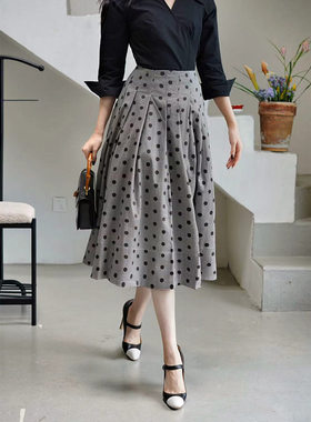 Chings 法式复古风高腰显瘦千鸟格裙 波点灰色伞裙赫本风秋冬半裙