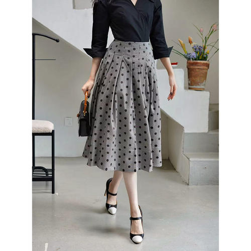 波点灰色伞裙赫本风秋冬半裙