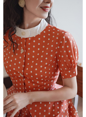 Chings复古1950年代波点收腰连衣裙 荷叶摆显瘦A字裙优雅显瘦套装