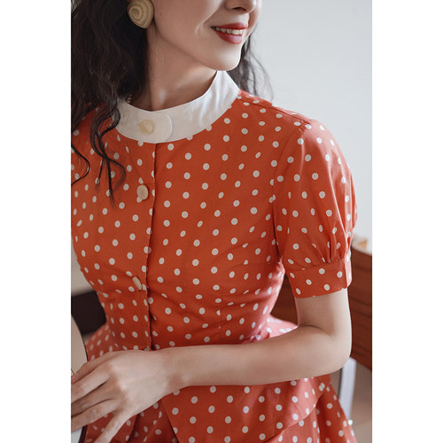 Chings复古1950年代波点收腰连衣裙 荷叶摆显瘦A字裙优雅显瘦套装