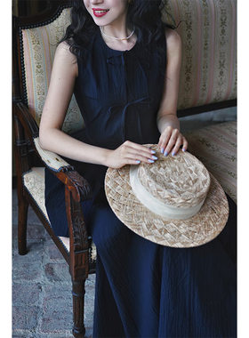 Chings法式复古系带无袖连衣裙 肌理感盐缩棉花苞A字裙纯色长裙秋