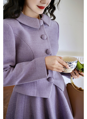 Chings 中古复刻收腰短西装外套 赫本风大摆裙太阳裙伞裙毛呢套装