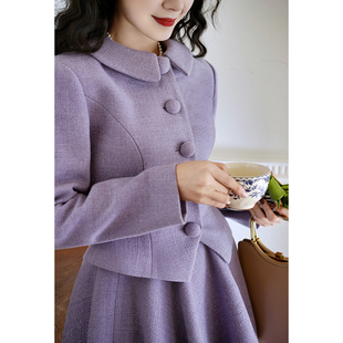 赫本风大摆裙太阳裙伞裙毛呢套装 外套 中古复刻收腰短西装 Chings