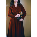 Chings法式 百褶A字大摆裙 复古高腰宽腰封保暖加厚哑光丝绒连衣裙