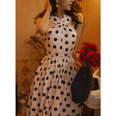 Chings 复古黑白大波点连衣裙 收腰显瘦高腰大摆赫本风伞裙吊带裙