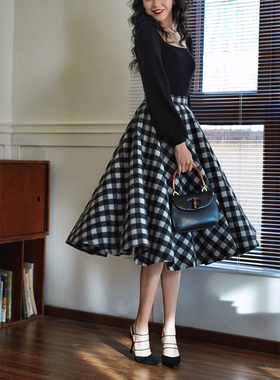 Chings经典高腰显瘦黑白格子毛呢半裙 赫本风360度大摆裙太阳裙冬
