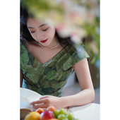 复古订染印花棉质V领连衣裙 Chings 法式 高腰显瘦360度气质大摆裙