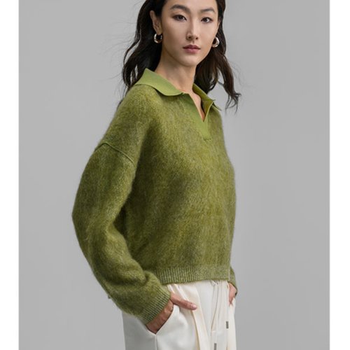 极简马海毛polo领针织上衣