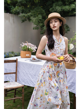 【断码清仓】Ching's法式复古童趣彩虹印花坎肩连衣裙西装领质裙