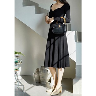 修身 复古大方领收腰鱼尾裙 针织打底A字连衣裙女秋 法式 Chings