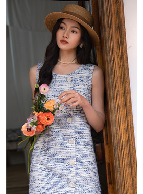 【断码清仓】ching's薄款小香风无袖连衣裙小A字直筒裙显瘦优雅裙