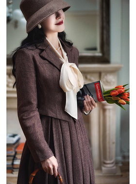 Chings 复古短西装外套马甲显瘦百褶裙 粗花呢毛呢套装三件套装裙