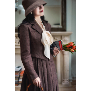 三件套装 Chings 粗花呢毛呢套装 外套马甲显瘦百褶裙 裙 复古短西装