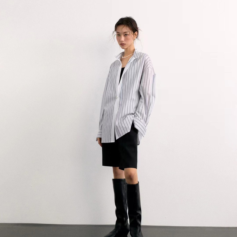 新品慵懒风竖条纹宽松长袖衬衫上衣女士