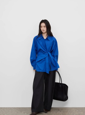 设计感小众蓝色系带收腰长袖衬衣秋季新款洋气显瘦上衣