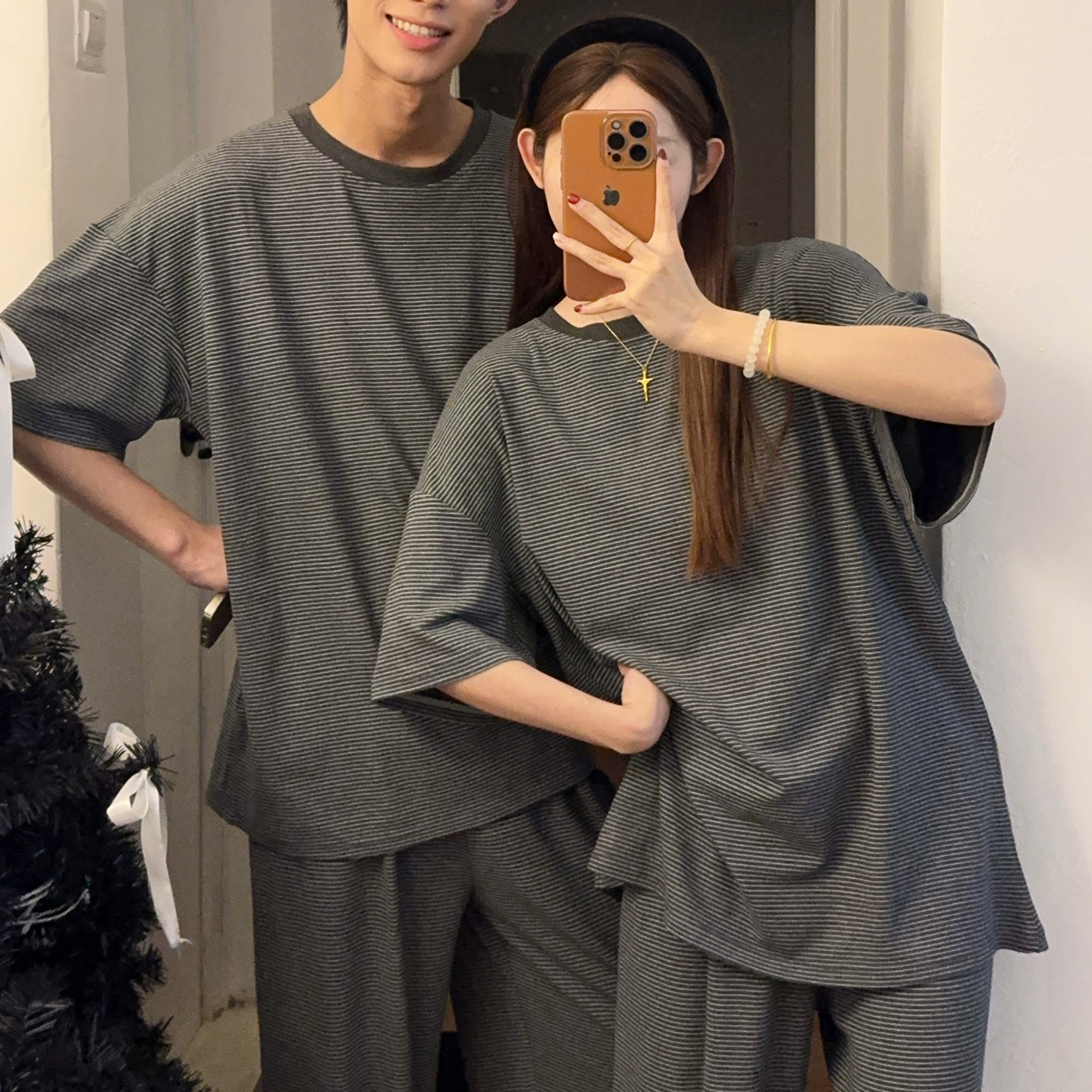 莫代尔条纹情侣大码短袖长裤睡衣