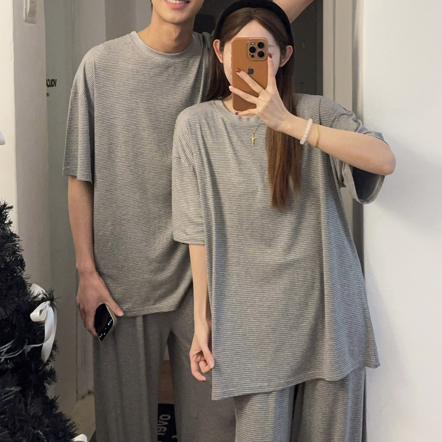 情侣莫代尔条纹夏季睡衣套装