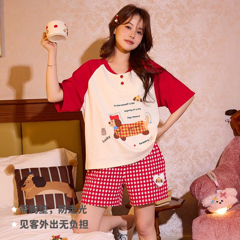 2026新款甜妹风睡衣女夏季带胸垫卡通腊肠狗格子可外穿纯棉家居服
