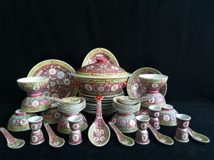 万寿无疆餐具陶瓷文革厂货手绘粉彩礼品日用收藏54头套装景德镇