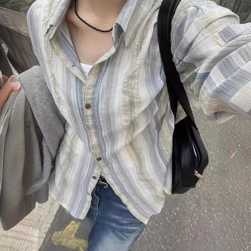 肌理感复古条纹衬衫女春秋2024新款亚麻衬衣夏装薄款外套防晒上衣图片