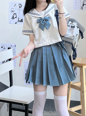 白色兰三本襟线正版关西襟基础水手服中间服水色JK制服蓝套装夏季