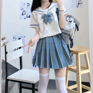 白色兰三本襟线正版关西襟基础水手服中间服水色JK制服蓝套装夏季