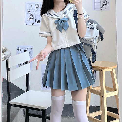 断码  白色兰三本襟线正版关西襟基础水手服中间服水色JK制服蓝