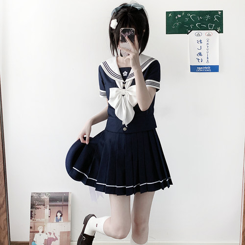 【花翎女子】原创白身绀色领正版校供春秋公主线收腰JK制服水手服