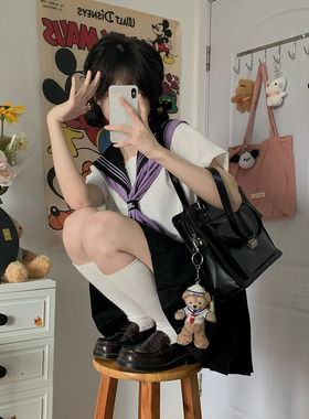 关西襟基础水手服正版中间服春夏款黑领紫三本白身黑色JK学生制服