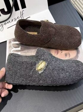 勃肯鞋加绒2025冬季新款网红爆款毛呢绒一脚蹬勃肯全包灰色棉鞋女