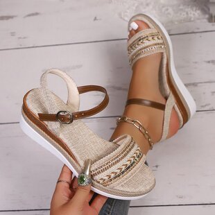 搭扣高跟鞋 草编水钻闪光坡跟厚底凉鞋 简约舒适时装 新款 女 2025夏季